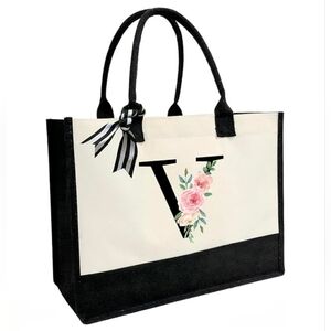 Monogrammed Floral Letter -V- Canvas Tote Bag Zipper Pocket Personalized Gift